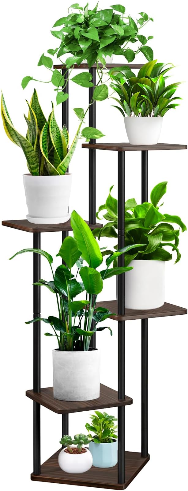 6 Tier Plant Stand Indoor, Thickened Metal Wood Corner Plant Shelf Stands for Multiple Plants, Indoor Tall Plants Stand Tiered Flower Holder for Living Room Patio Garden Balcony(Black+Oak)