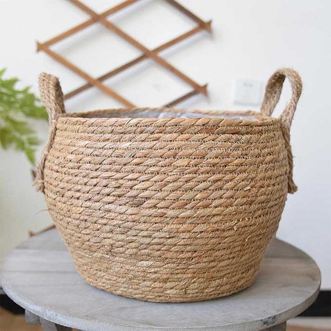 YZZY Woven Seagrass Basket for Storage Plant Pot Basket, Rattan Planter Indoor Baskets, Home Decor Plant Container (A, L-11.4 Inches)