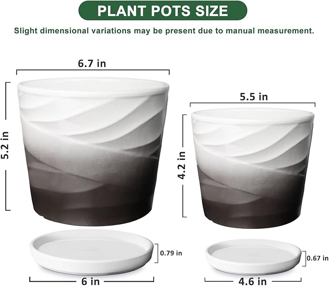 Ceramic Plant Pots,6.7 + 5.5 Inch,Ceramic Flower Pots,Planters with Drainage Hole and Saucer,Planters for Indoor Plants(Dark Gray+White)