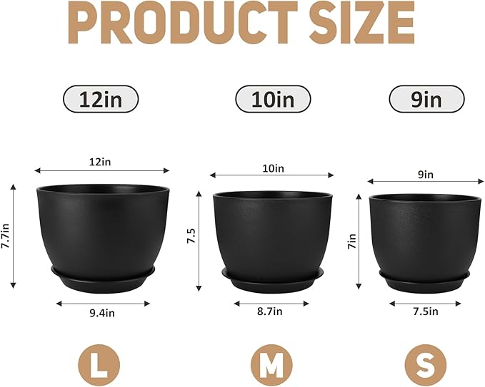 YNNICO Plant Pots 12/10/9 inch Set of 3, Flower Pots with Multi Mesh Drainage Holes, Large Planters for Indoor Outdoor Garden Plants and Flowers. (Black)