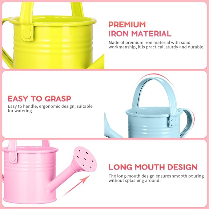 5 Pcs Kids Watering Cans, Mini Metal Plant Watering Can with Long Spout, Small Tin Flower Pots for Indoor Outdoor Gardening