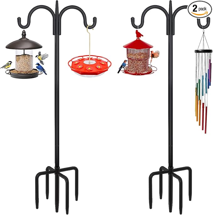 FEED GARDEN Adjustable Double Shepherds Hook for Outdoor with 5 Prong Base 76 Inch Heavy Duty Two Sided Bird Feeder Pole for Hanging Plant Baskets, Solar Light Lanterns, Wind Chimes 2 Pack