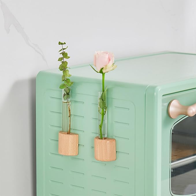 Magnetic Wooden Wall Planter Vase with Plastic Tube, Solid Wood Refrigerator Magnet (Wooden/Plastic)