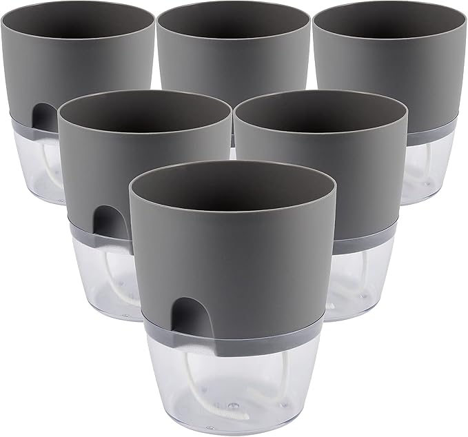 HAKZEON 6 Pack 6 Inch Plastic Self Watering Pots for Indoor Plants, Self Watering Flower Pots with Wick Ropes, Double-Layer Self Watering Planter Pots for Plants, Flowers, Herbs