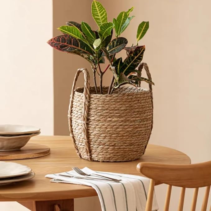 12 inch Large Seagrass Woven Planter Basket with Handles - Wicker Planter Basket with Plastic Film Insert for Indoor Plants, Large Monstera Pot, Woven Storage Basket, Boho Home Decor