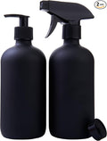 Black Boston Round Glass Bottles, 16oz | Glass Spray Bottle & Soap Dispenser | Reusable for Cleaning & More | Set of 2