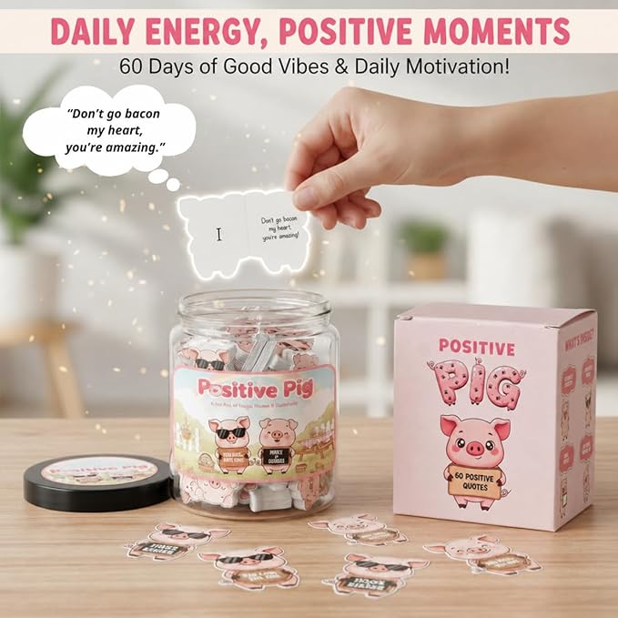 Positive Pig Jar With 60 Daily Affirmation Cards, Gifts For Sister, Daughter Birthday Gift, Pig Present For Pig Lovers Women Girls Men Teens Kids, Christmas Pig Decorations For Home, The Pink Stuff