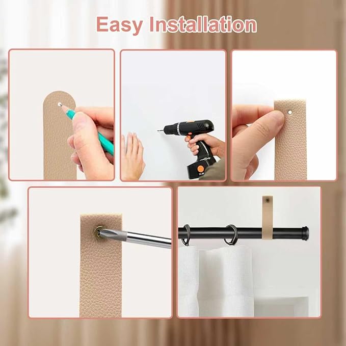 Curtain Rod Holders,Set of 8 Leather Curtain Rod Brackets with Screws,PU Curtain Rod Hangers Stylish Apricot Leather Straps Hooks for Wall Pole Macrame Boho Art Décor, CH-0012