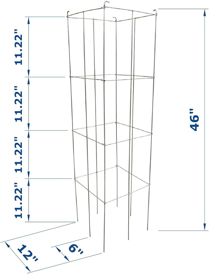 46" Height 12" Width 2PCS Galvanized Square Folding Tomato Cage,Plant Support Stake Tower