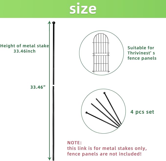 2 pcs Metal Stakes, for Thrivinest's Decorative 31inch High Fence Panels, Metal Stakes only