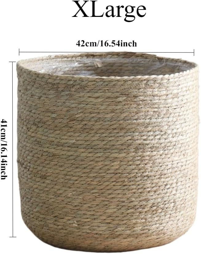16 inch XLarge Seagrass Woven Planter Basket - Wicker Planter Basket with Plastic Film Insert for Indoor Plants, Large Monstera Pot, Woven Storage Basket, Boho Home Decor (XLarge)