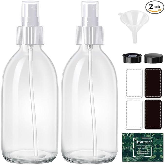 Tecohouse 2 Pack Glass Spray Bottles, 250ml Small Glass Bottles for Cleaning Solutions, Spray Bottles for Essential Oils, Plants, with Durable Nozzle, Labels, Funnel - Clear