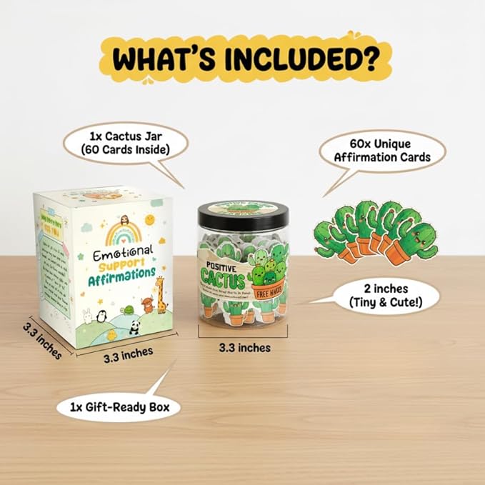 Positive Cactus Jar with 60 Daily Affirmation Cards, Emotional Support Plant Cactus Gifts, Stress Relief, Motivational Gift, Cactus Plushies, Mini Plant Toy Decor, Funny Gifts for Women, Positive Toy