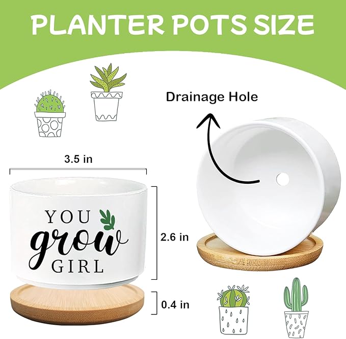 Grow Funny Planters for Indoor Plants, Cute Plant Pots You Grow Girl Succulent Planter Cactus Pot, Ceramic Planter, Appreciation Housewarming Gifts for Women, Friends (3.5 inch Pots, No Plants)