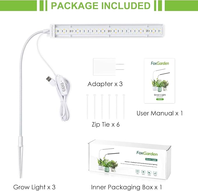 FOXGARDEN Grow Light for Indoor Plants Growing, Full Spectrum Gooseneck Plant Light for Indoor Plants,52 LED Bright Grow Lamp with Auto On/Off Timer 4/8/12H, 4 Dimmable Brightness,3 Pack
