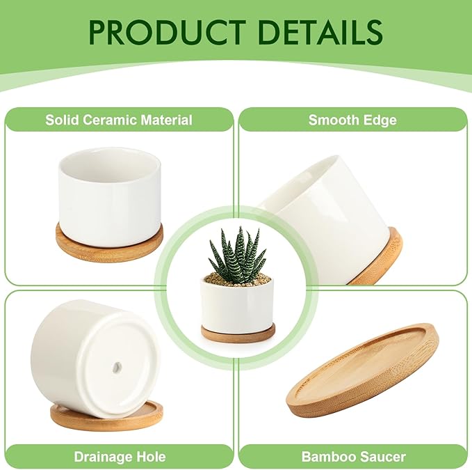 ZOUTOG Ceramic Succulent Pots,3.6 Inch Plant Pots,Succulent Planters with Drainage Hole & Bamboo Tray for Indoor Plants,White Small Flower Planters for Home,Office,Desk(6 Pack)