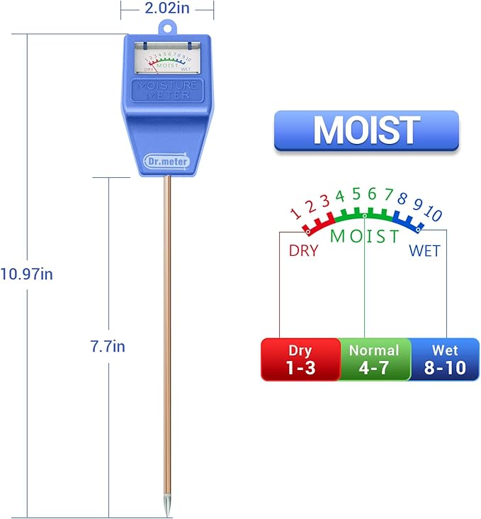 Dr.meter Soil Moisture Meter Tester for Plants, Hygrometer Moisture Sensor for Houseplants Indoor Outdoor Garden Lawn Use - Plant Water Gauge Test Kit - No Battery Needed - Gardening Gifts