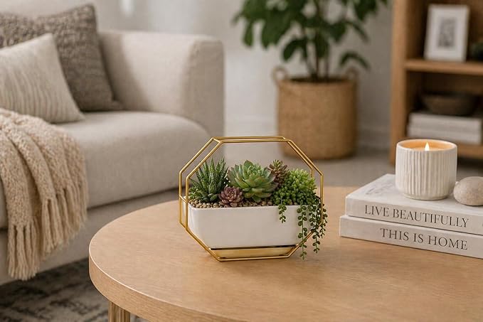 IRYL Wall Planter for Indoor Plants - Ceramic Wall Hanging Planter Set with Bamboo Tray & Hooks - Decorative Wall Plant Holder - Modern Wall Planters for Vertical Garden Home Decor - Golden