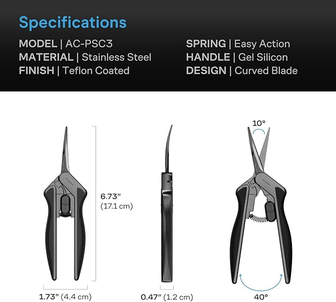 AC Infinity 6.6” Stainless Steel Curved Pruning Shear, Lightweight Ergonomic Design, Curved Precision Blades with Nonstick Teflon Coating for Gardening, Hydroponics, Grow Tents