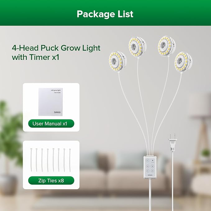 SANSI 20W(5W*4) Puck Grow Lights for Indoor Plants Full Spectrum, 4 Head Plant Lights for Indoor Growing, LED Plant Lamp for Growth with Timer, Auto On Off 4 8 12 Hrs Greenhouse,No Dimmable