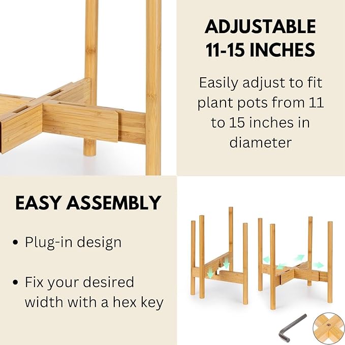Fox & Fern Large Adjustable Plant Stand Indoor — 11 to 15 Inch Premium Mid Century Bamboo Plant Stand; Plug In Design; Easy Assembly; Two Heights - For 11, 12, 13, 14 & 15 Inch Pots (Not Included)