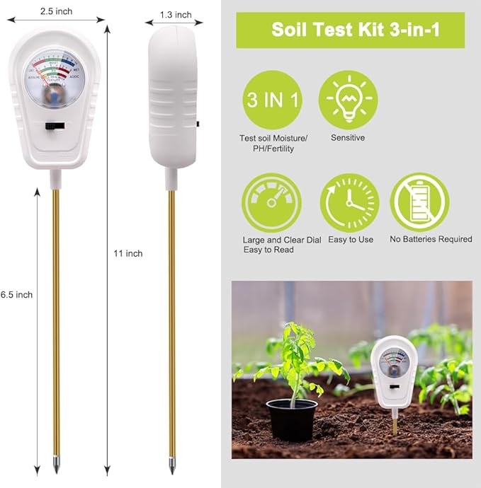 Soil Test Kit, 3-in-1 Soil PH Meter, Soil Moisture Meter, Fertility Soil Tester, pH Meter for Soil, Soil Tester for Garden, Farm, Lawn, Indoor & Outdoor Use