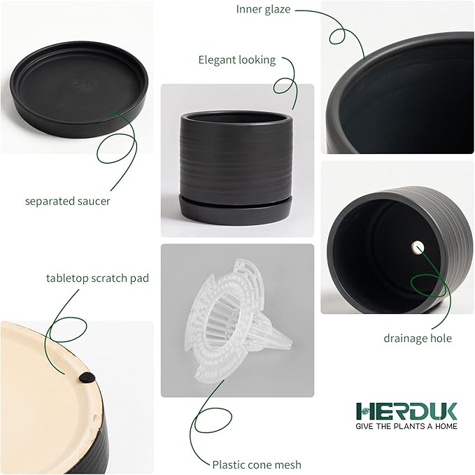 HERDUK 6 + 8 Inch Plant Pots, Ceramic Planter Pot with Drainage Hole & Saucer, Indoor/Outdoor Cylinder Round Planter Pot, Matte Black
