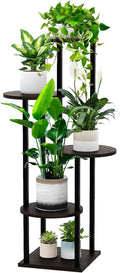 5 Tier Wood Tall Plant Stand Metal Rack Indoor, Multiple Flower Pot Holder Shelves Corner Rack, Round Planter Shelf Display Rack Storage Organizer for Patio Living Room Balcony(Black+Oak)