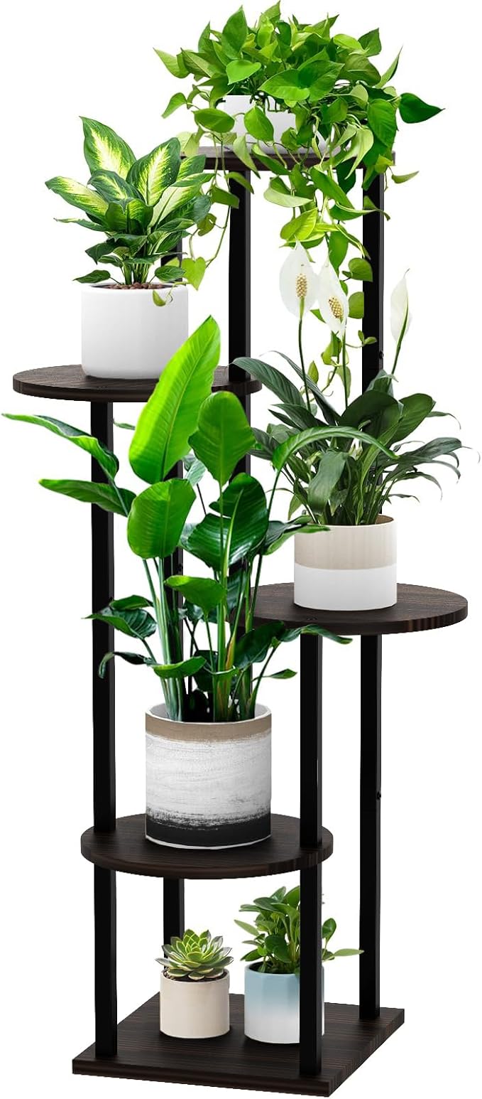 5 Tier Wood Tall Plant Stand Metal Rack Indoor, Multiple Flower Pot Holder Shelves Corner Rack, Round Planter Shelf Display Rack Storage Organizer for Patio Living Room Balcony(Black+Oak)