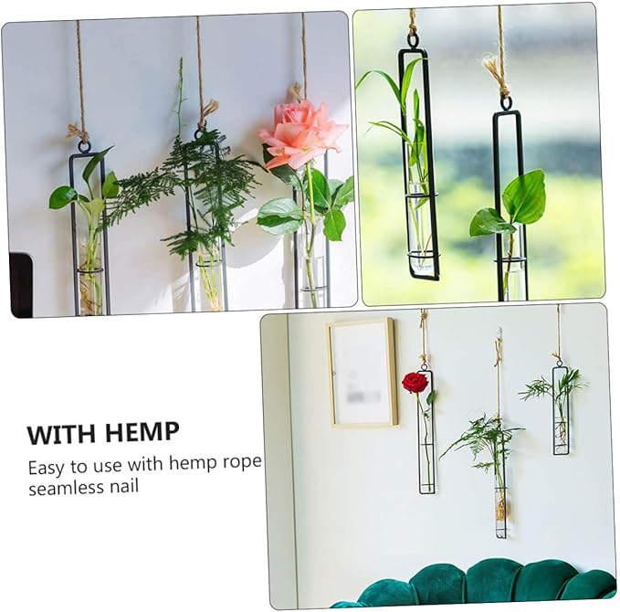 Hanging Glass Hydroponic Vase Set 3pcs with Test Tubes and Iron Frames, Wall-Mounted Plant Propagation Station for Home Décor and Garden Display, Includes 3 Hemp Ropes and 3