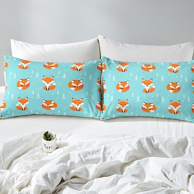 Kids Bed Sheets King Size Cute Fox Print Bed Sheet Set for Boys Girls Bedroom Cartoon Kawaii Decor Woodland Fox Wild Animal Bedding Set Children Toddler Fitted Sheet + Flat Sheet + 2 Pillow Case