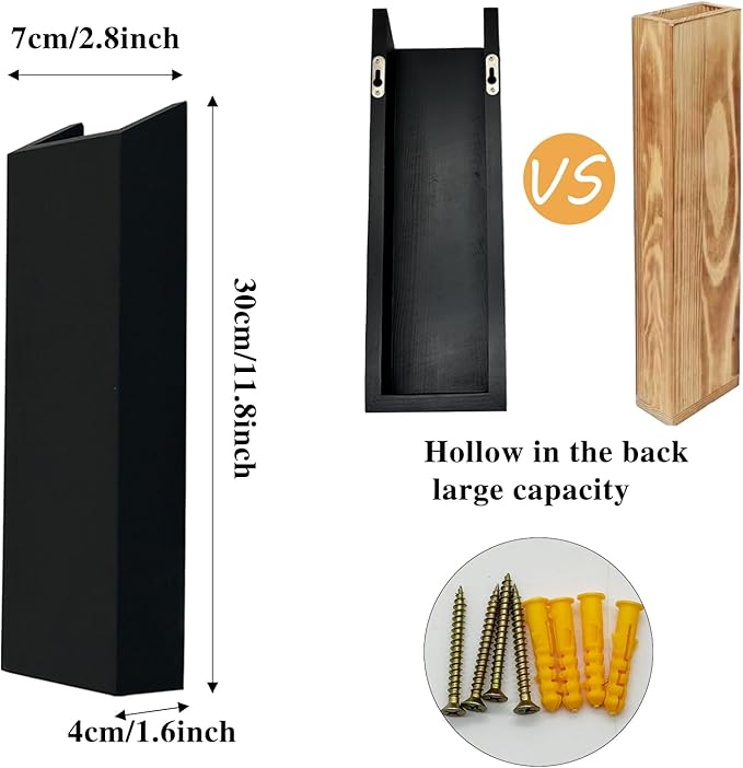 2 Pack Black Wood Hanging Wall Planter Vases - Farmhouse Boho Wall Pockets for Faux Greenery, Dried Flowers, Eucalyptus Stems, Modern Indoor Wall Decor for Living Room Bedroom Office