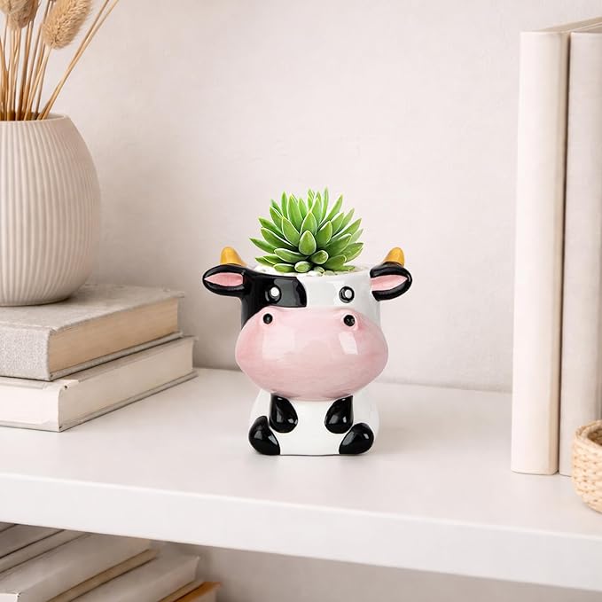 Cute Cow Animal Ceramics Planter Succulent Pot with Drainage, Plant Pot for Indoor Mini Plants Flower Cactus, Home and Garden Decor Fun Gifts