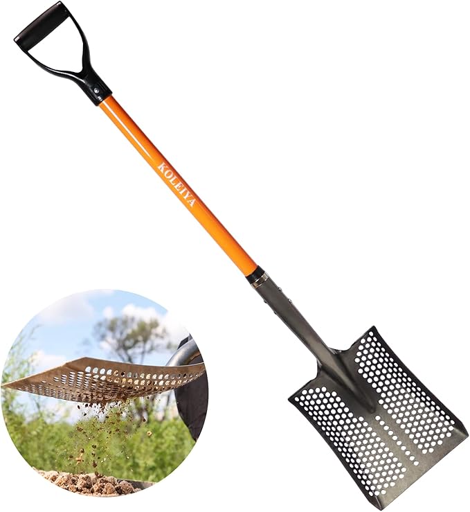 KOLEIYA 45in Sand Sifting Shovel with Orange Fiberglass Handle - Heavy Duty Slotted Shovel for Rocks, Chicken Coop, Gardening and Soil Sifting