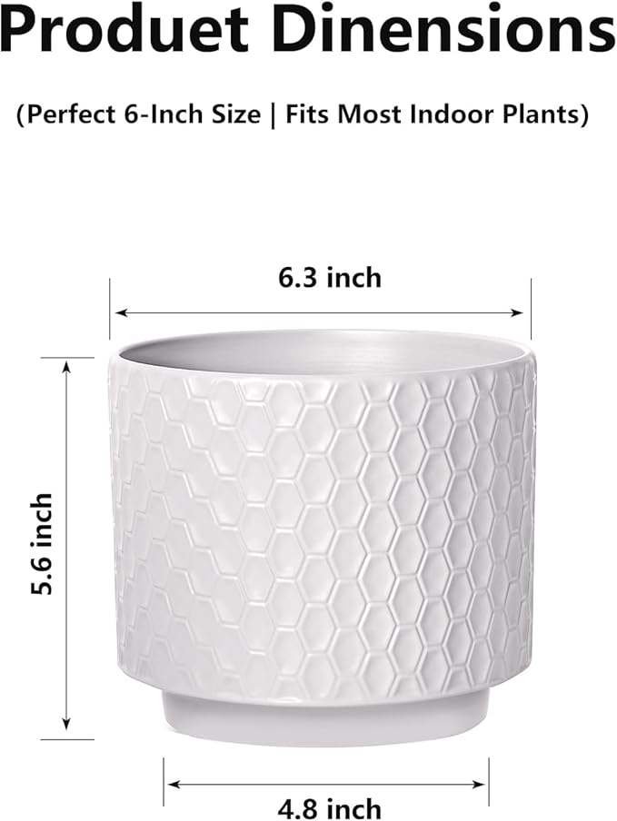 6 Inch Ceramic Pots for Indoor Plants with Drainage Hole & Floral Design, Planter for Home Decor on Windowsill, Tabletop, Office (White)
