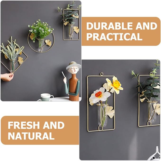 Veemoon Wall Hanging Glass Terrariums Planter Wall Mounted Plant Propagation Station Test Tube Mini Vase Pot for Hydroponic Plants Gingko Leaf Sculpture Home Decor Gold L