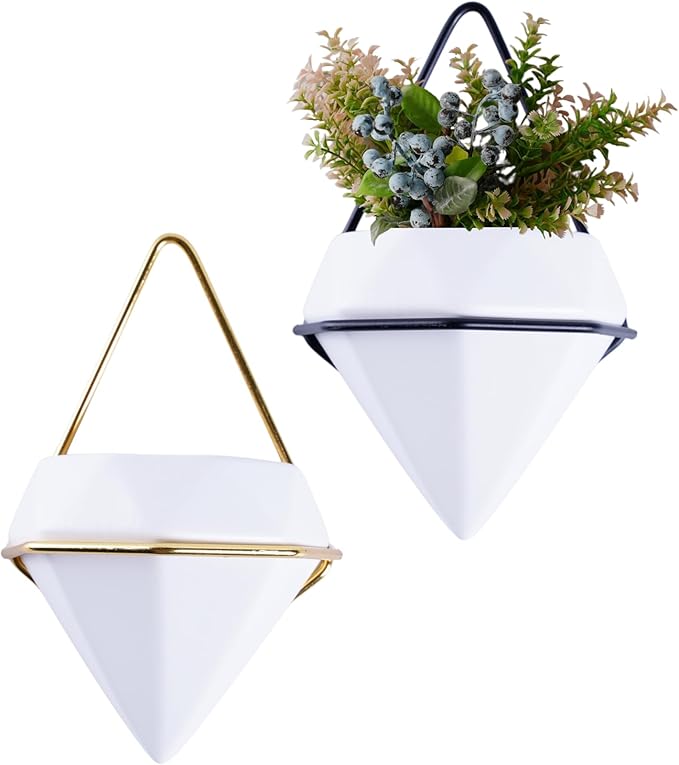 CeraScape Indoor Wall Hanging Planter, 2 Pot Set, Modern Geometric Diamond Display for Succulent, Air, Faux Plants, Boho Home and Office Decor, Gold and Black Frames (White)