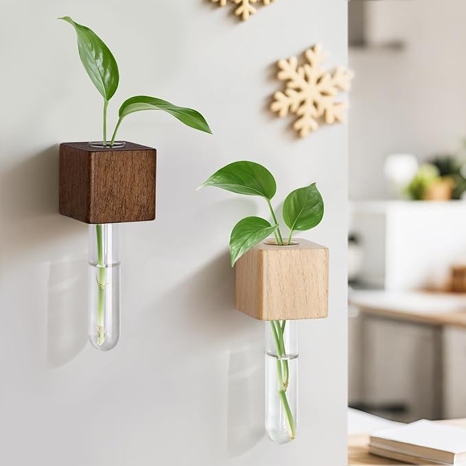 Magnetic Test Tube Flower Vases for Refrigerator, Set of 2 Wooden Fridge Magnet Planters with Glass Tubes – Light & Dark Wood Color, Propagation Station for Hydroponic Display (No Plant Included)