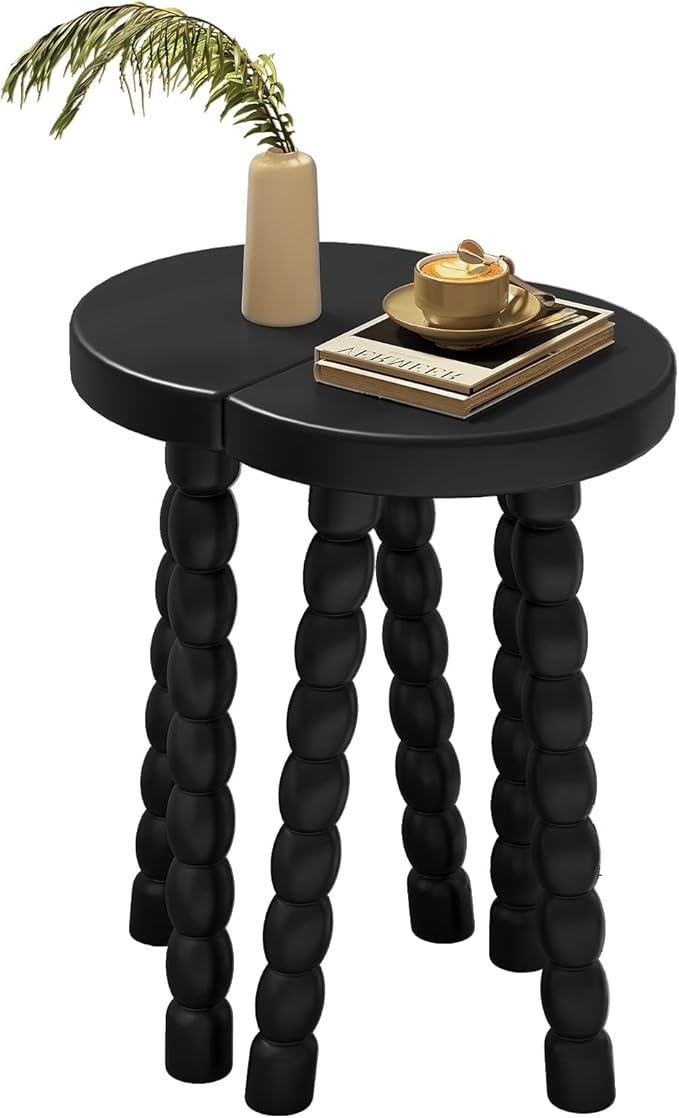 LitaEther Wooden Bobbin Side Table - Plant Stand - Half Round Table - Wooden Accent Stool- Minimalist Decorative Table for Bedroom, Hallway, Living Room (2, Black)