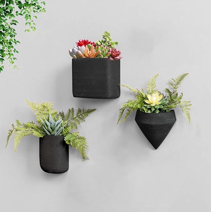 Resin Planters Geometric Wall Planters Indoor Plant Pots Colorful Wall-Mounted Flower Pots Vertical Plant Container Air Plant Holder Wall Vase for Cactus Succulents Herbs and More … (3 Black)