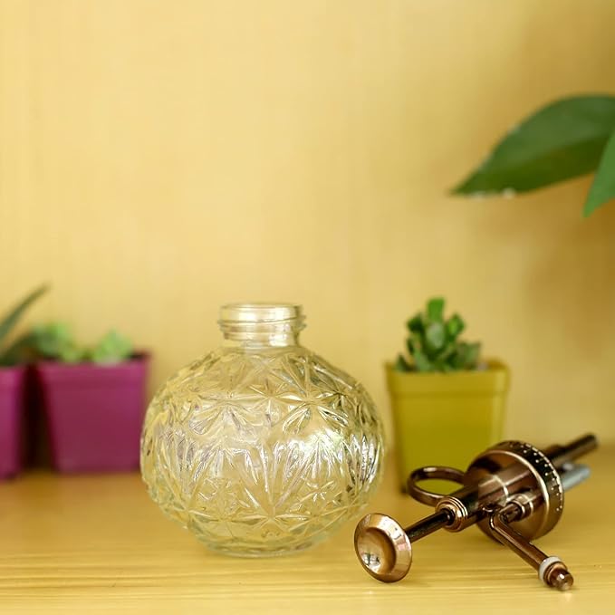 Hniuyun Glass Plant Mister Spray Bottle, 6.5inch Tall Vintage Round Spritzer with Bronze Plastic Top Pump for Watering Your Garden (Clear)