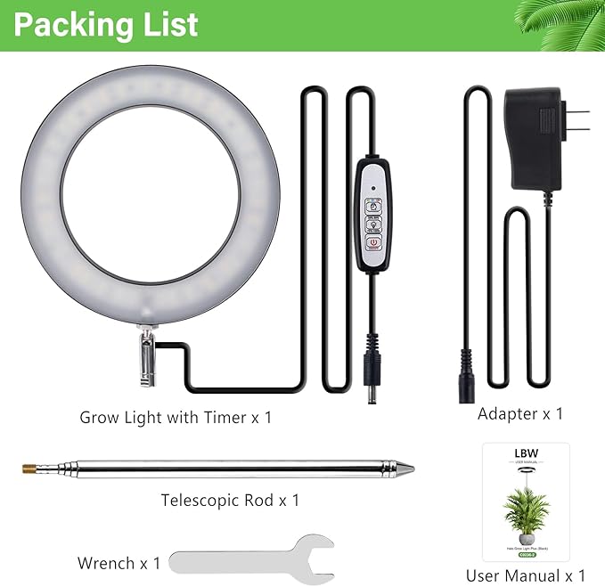 LBW Plant Grow Light, 72 LEDs Full Spectrum Grow Lights for Indoor Plants, Brightness Adjustable Plant Light with Auto 4/8/12H Timer, 10.4”-59” Height Adjustable, Ideal for Large Tall Plants, Black