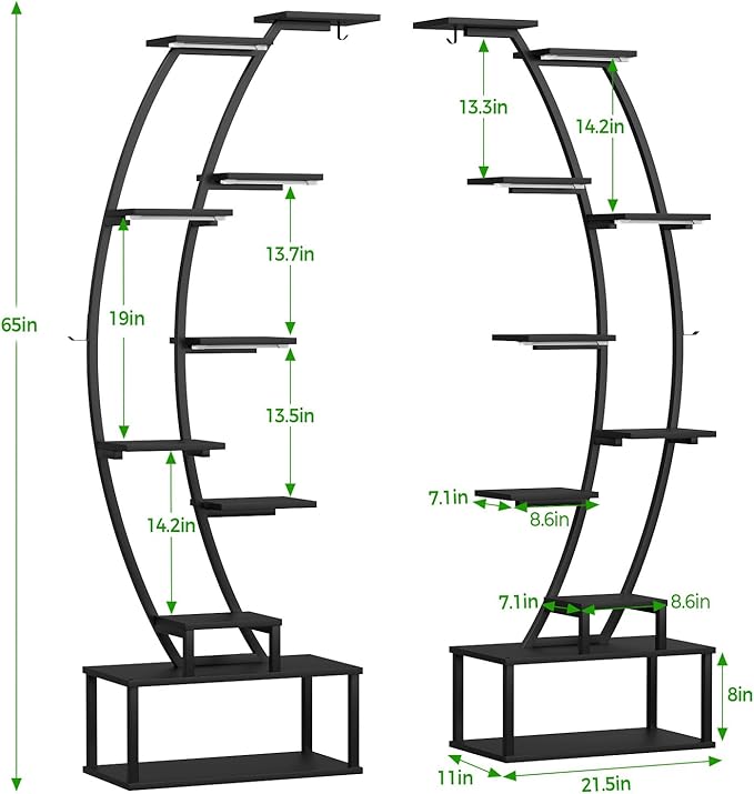Plant Stand Shelf Indoor with 8 Grow Light, 10 Tiered 65" Tall Black Large Half Moon Lighted Plant Rack Holder, 2 Pack Big High Circular Arch Multi Herb Stand with Built in LED Grow Light Set