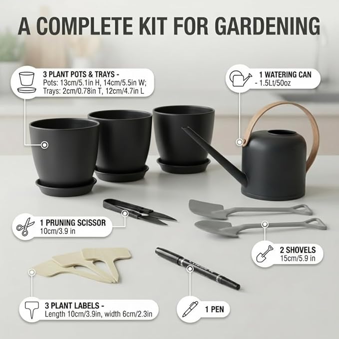 Indoor Garden Kit - Plant Pots with Drainage, Watering Can & Tools - Ideal Windowsill Planter Set - Modern Home & Kitchen Decor Gift - Black
