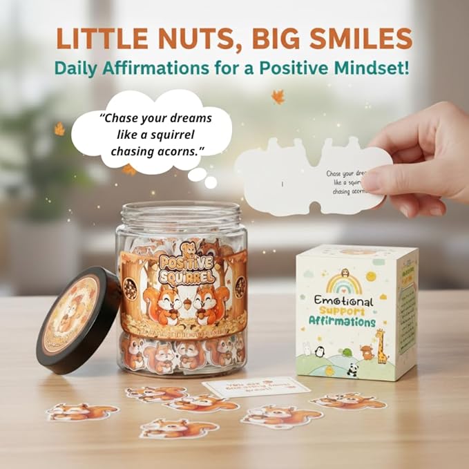 Positive Squirrel Jar with 60 Daily Affirmation Cards, Funny Emotional Support Christmas Gift, Cute Squirrel Christmas Decor for Home or Office, Holiday Gifts for Women Men and Coworkers