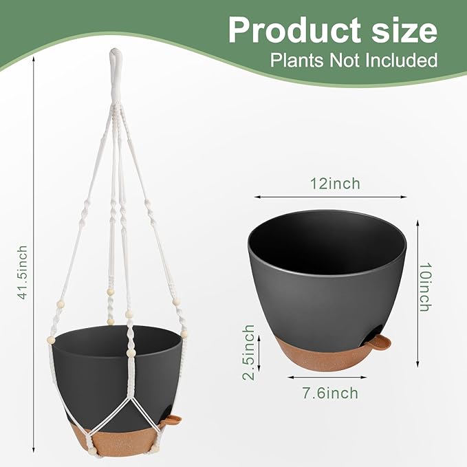 Vanslogreen 41.5 Inch Macrame Plant Hanger Indoor Outdoor with 12 Inch Flower Pot, Hanging Planter for Plants Holder with Wood Beads for Boho Home Decor (Ivory+Black)