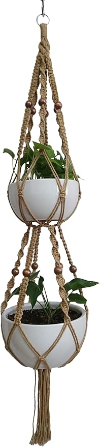 1 PCS 6 Legs Macrame Plant Hanger Jute Double Tiers Plant Hanger & Plant Holder with 6 pcs Round Brown Wood Bead, Hanging Planter 65-inches for 8 inch and 10 Inch Plant Pot (Without Pot)