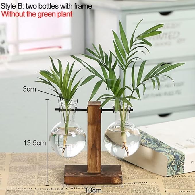 Hydroponic Plant Vases with Wooden Stand, Desktop Clear Glass Bulb Shape Vase Terrarium Planter Holder for Office Desk Wedding Decor, 2-Glass Beaker Bulbs