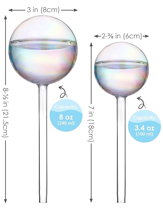 Tomorotec Iridescent Glass Self Watering Globes 6-Pack (3 Large+3 Small), Decorative Hand-Blown Rainbow Glass Watering Bulbs, Automatic Irrigation for Indoor & Outdoor Plants, Easy to Use and Maintain