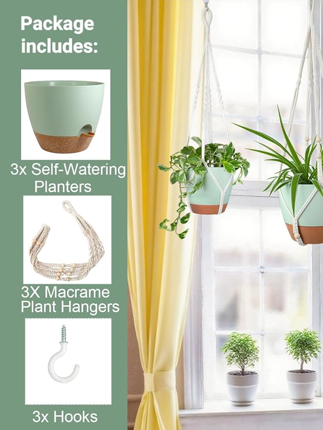 Bouqlife Larege Hanging Planters with Macrame Plant Hangers for Indoor Outdoor Plants 3 Set 10" / 8" / 7" Self Watering Pots Hanging Baskets Flower Pot Holders 3 Different Size Green Large
